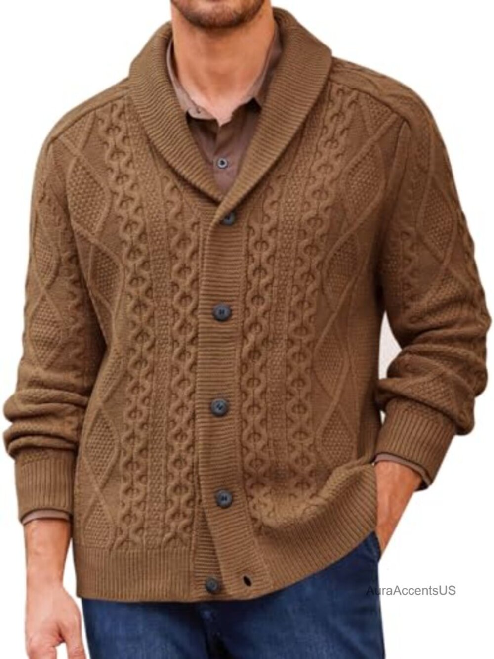 Men's Cable Knit Shawl Collar Button Up Cardigan Sweater